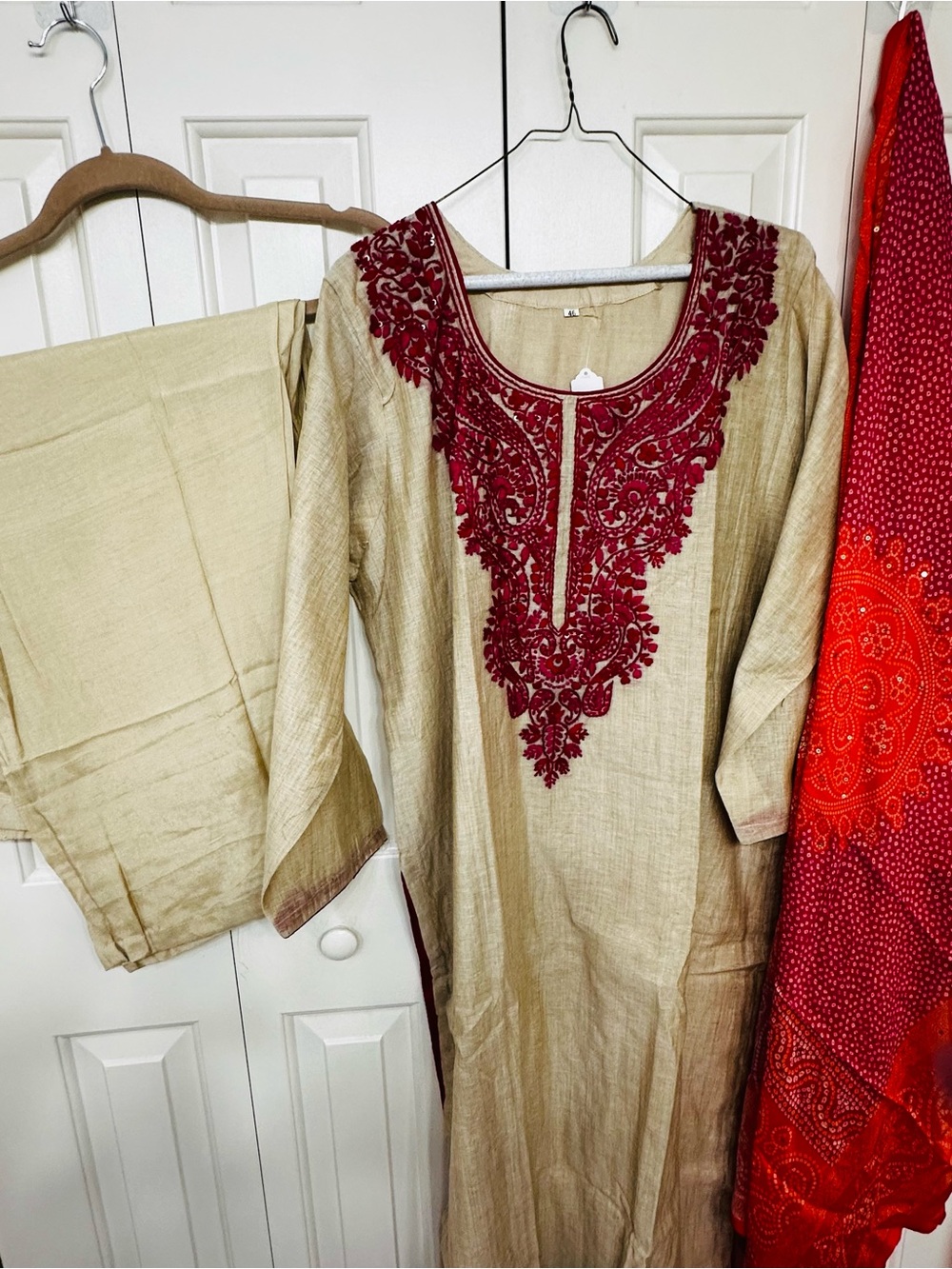 Embroidered Beige Kurta Dress with Kashmiri Accents with bandini dupatta 23”